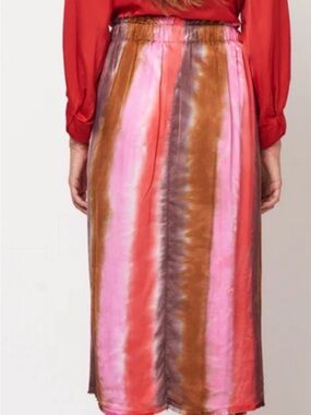 Raquel Allegra Satin Striped Midi Skirt in Pink, Brown & Coral